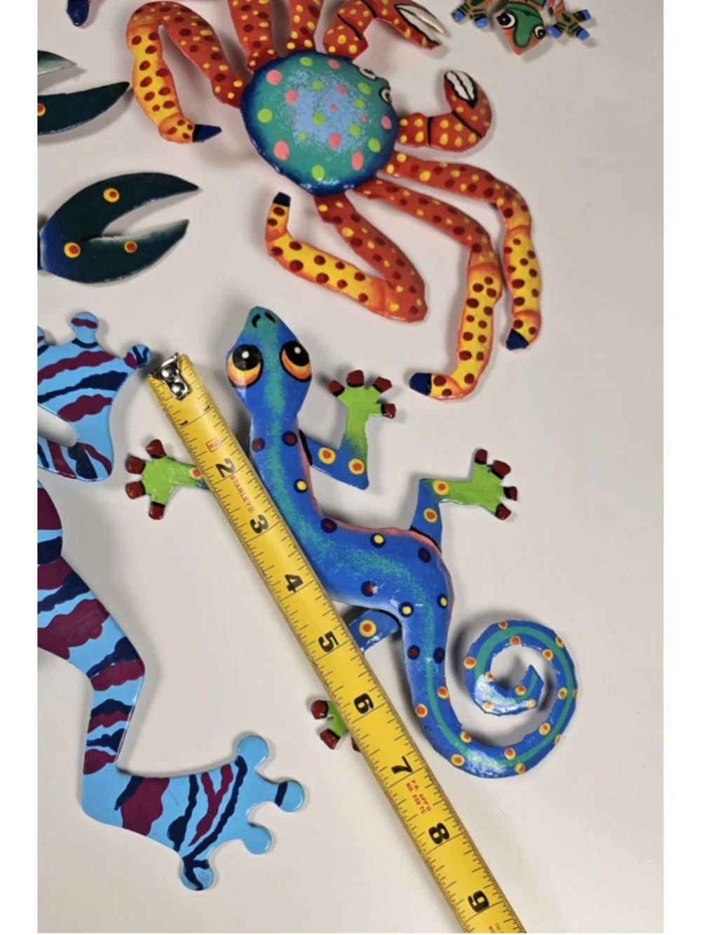 Lot of 9 Haitian Metal Drum Wall Art Colorful Painted Geckos Frogs Crab Seahorse